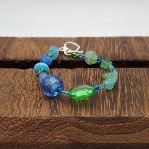 6 Inch 925 Sterling Silver Cute Green And Blue Glass Bracelet